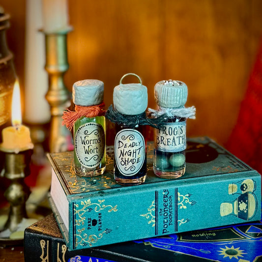 Set of Three Hand Sculpted Mini Fidget Potions; Deadly Nightshade, Worm's Wort, and Frog's Breath